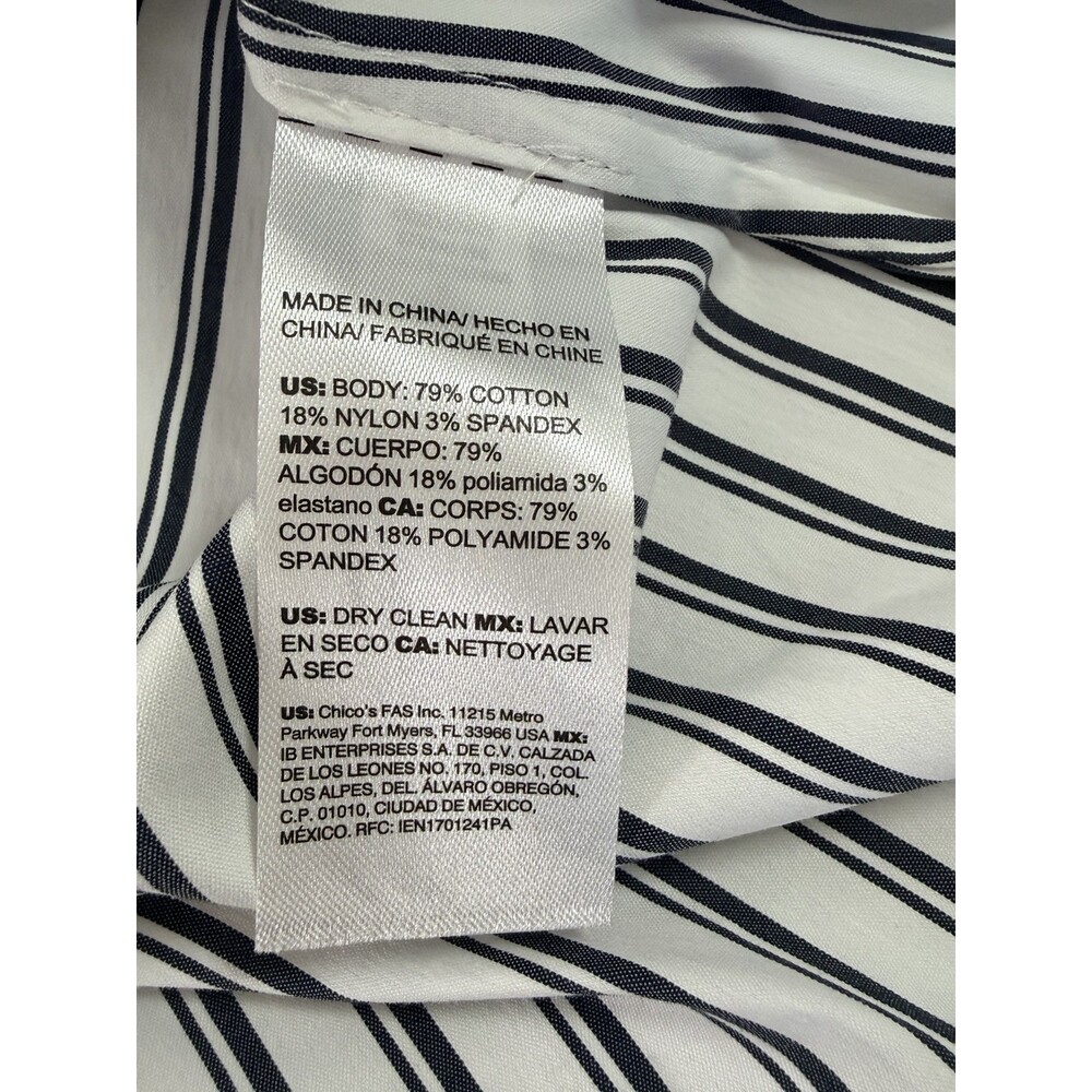 Chicos Size 2 White Navy/Grey Stripe Ruffle Cuff Blouse Open Collar EUC - Picture 5 of 6